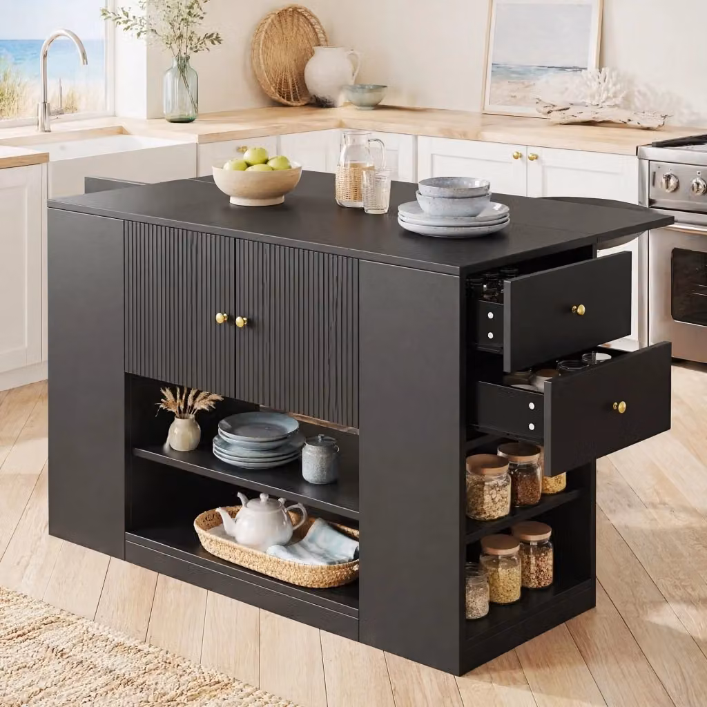Isola da cucina pieghevole REDOM in MDF e metallo nero L/P/H: 140 x 40 x 90 cm – 2