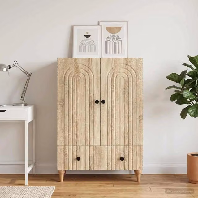 Credenza moderna vidaXL in legno MDF color rovere e beige, L 66 x P 34,5 x H 95 cm
