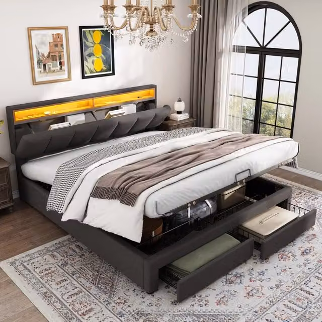 Letto contenitore matrimoniale 160 × 200 cm con LED regolabile e vano contenitore, senza materasso, grigio scuro