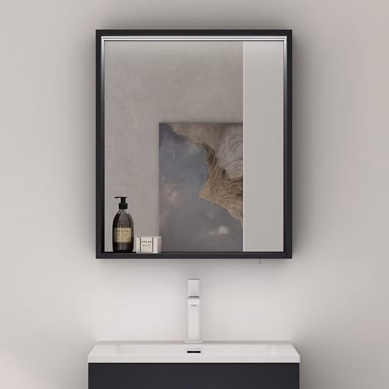 doporro Armadietto a Specchio con Luce 60x12x70cm, Specchio da Parete con Luce LED e Ripiano in Legno Antracite opaco Spiegelschrank-01