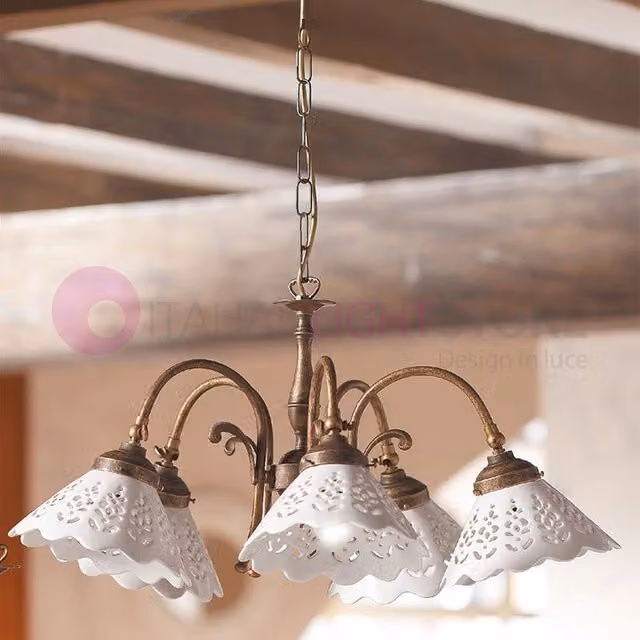 VOLTERRA Lampadario 5 Luci Ottone e Ceramica Rustico Country