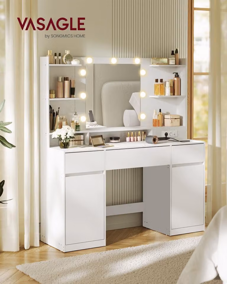 Comò da trucco con specchio e illuminazione a LED | Bianco "Wolke" | 107x40x144 cm