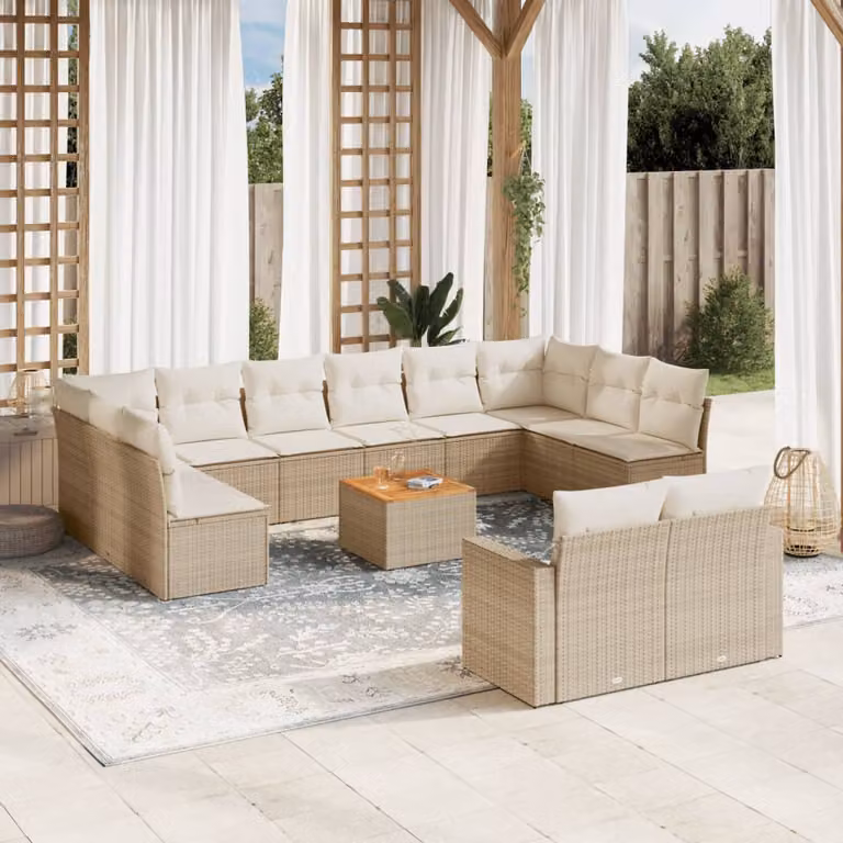 vidaXL Set Divano da Giardino a L 13 pz in Polyrattan Beige con Cuscini e Tavolino