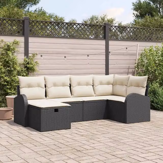 Set di divani da giardino a forma di L vidaXL in polyrattan con cuscini, 6 pezzi, Nero e Beige