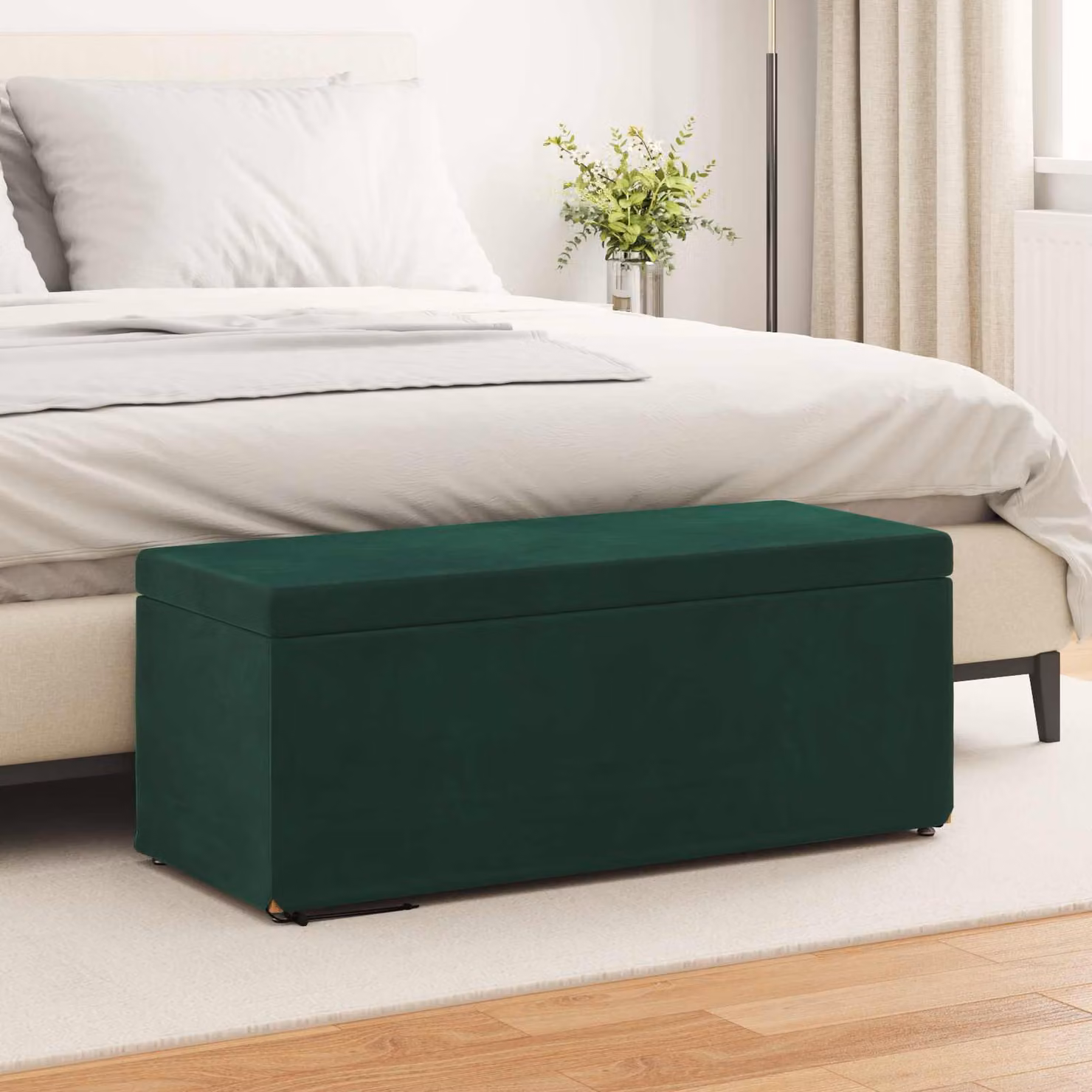 Pouf vidaXL in velluto verde scuro con struttura in legno L: 101 cm, P: 41 cm, H: 40 cm