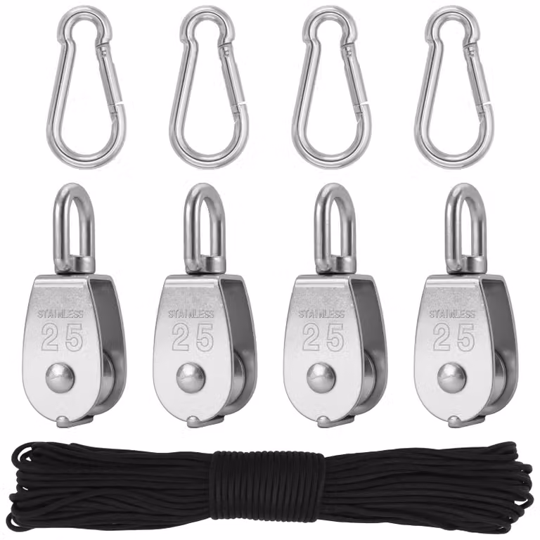 Set di carrucole in acciaio inossidabile M25, composto da 9 pezzi, con portata di 150 kg, completo di corda in nylon e ganci a D