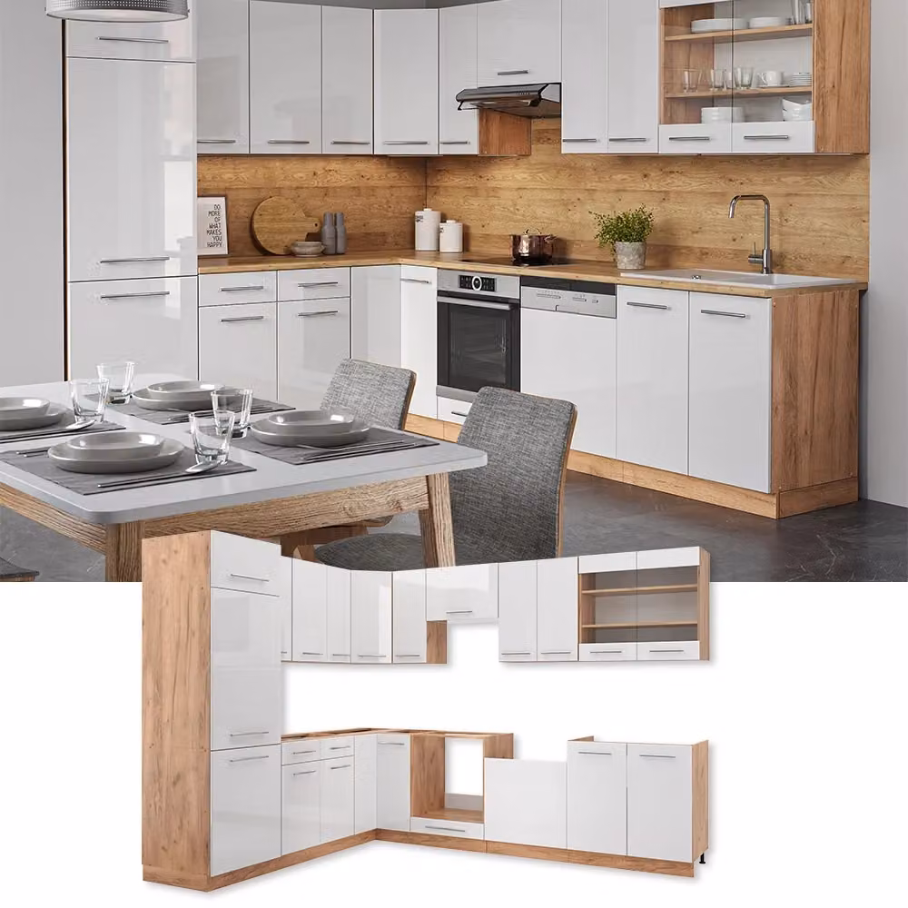 Cucina angolare completa Fame-Line Vicco Bianco lucido e Rovere dorato con piano Antracite 287 x 227 cm – 2