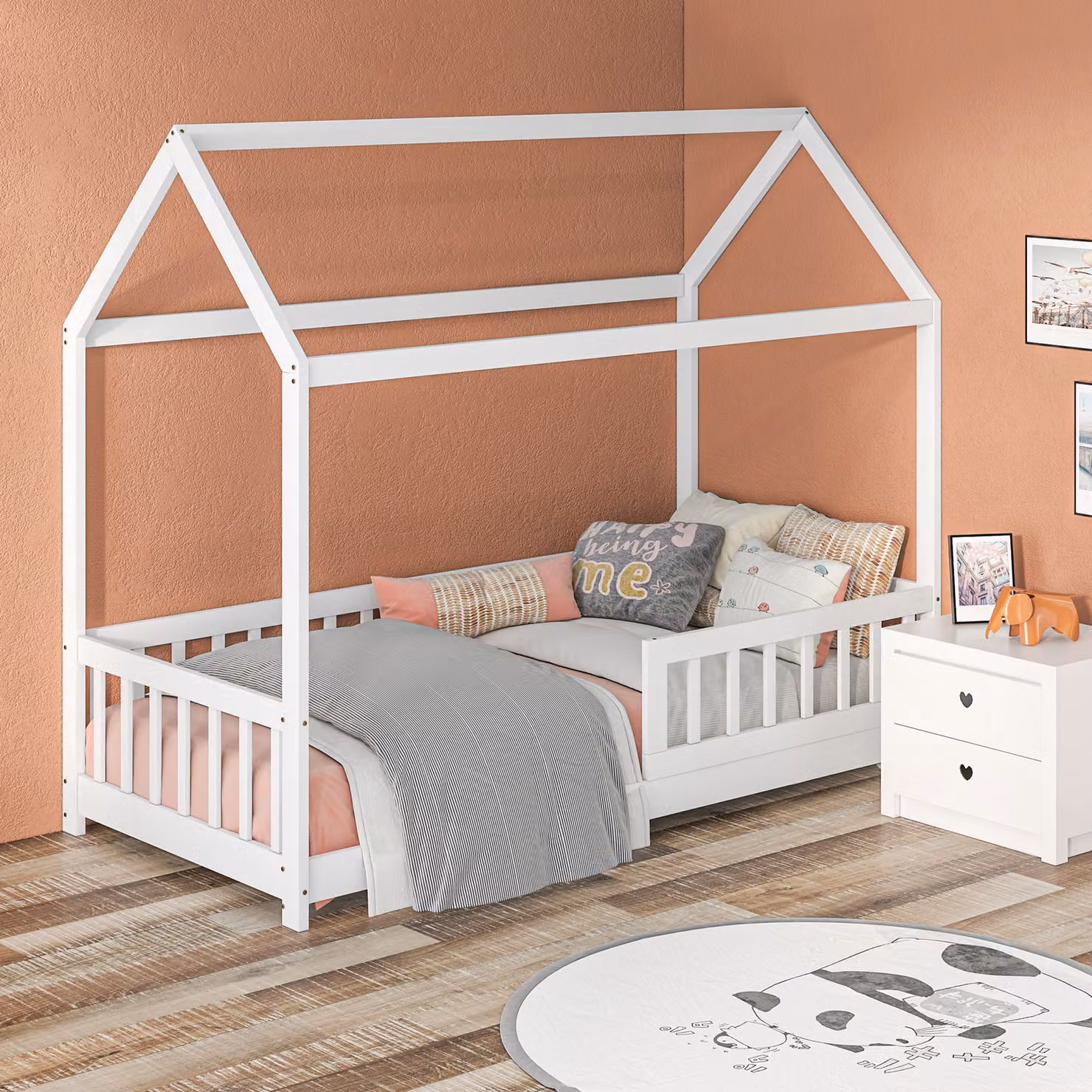 Letto per bambini HOMCOM a forma di casetta in legno di pino con doghe e recinzione di sicurezza, Colore Bianco, L: 195 cm, P: 96 cm, H: 165 cm – 2