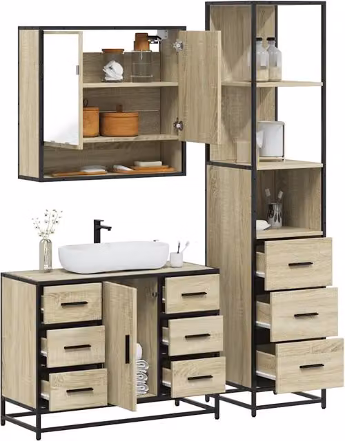 Set Mobili da Bagno Industrial vidaXL in Legno e Metallo Marrone, 3 Pezzi con Armadietto Specchio, Mobile Lavabo e Colonna, Montaggio a Parete