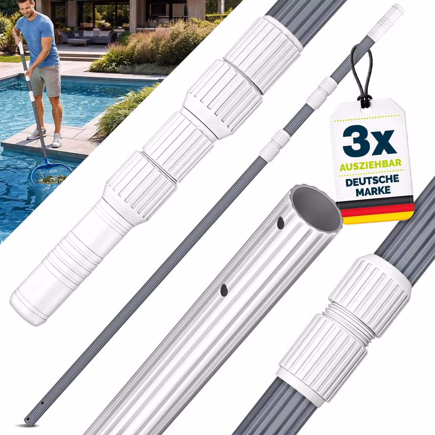 tillvex asta telescopica per piscina 1,20 - 3,60 m | asta per piscina in alluminio | asta per pulizia piscina 3 pezzi