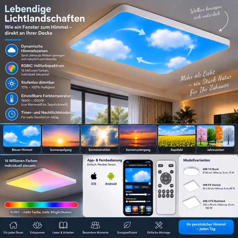 Plafoniera LED 698-CFX rettangolo 105x70 cm, 150 W RGBIC con APP e telecomando, cielo dinamico ed effetti di luce naturale timer dimmerabile 10-100%, 1800-12000K