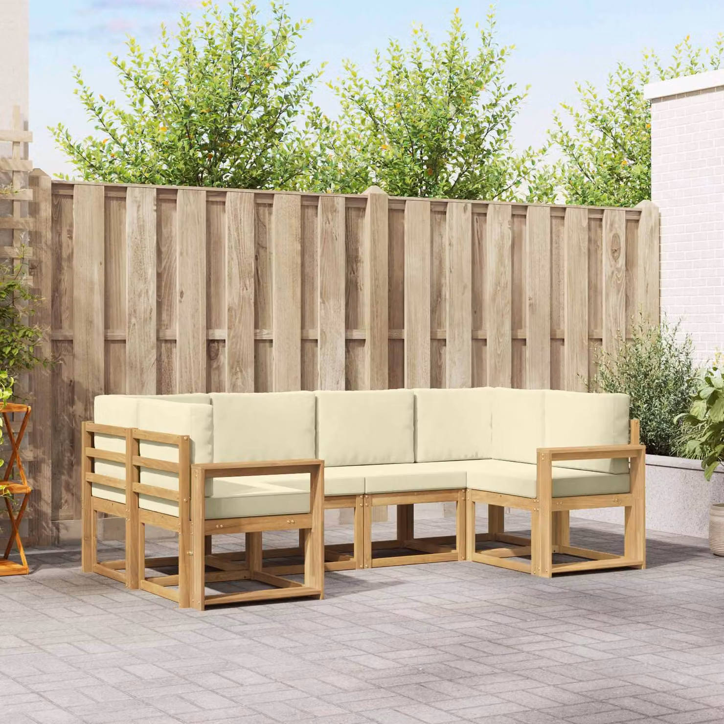 Set di divani da esterno vidaXL a forma di L composto da 6 pezzi in legno di acacia con cuscini, Bianco, Beige e Marrone