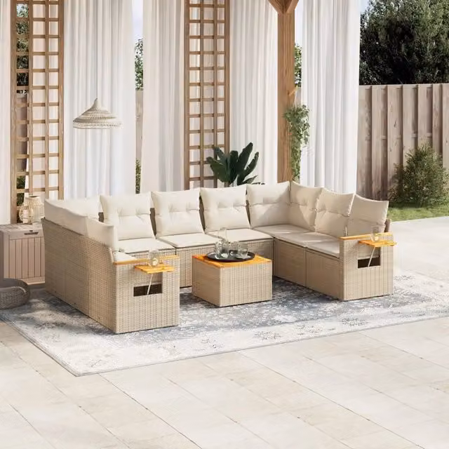 Set Divano da Giardino VIDAXL a Forma di U in Polyrattan con Cuscini Beige, 10 Pezzi