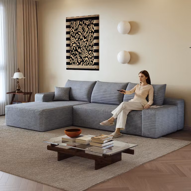Divano angolare modulare senza braccioli, 270 cm, forma a L, seduta profonda, senza necessità di montaggio, divano compattabile (grigio)