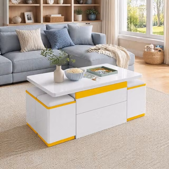 Tavolino da salotto elevabile e pieghevole con 4 sgabelli contenitore; MDF e pannello truciolare; bianco