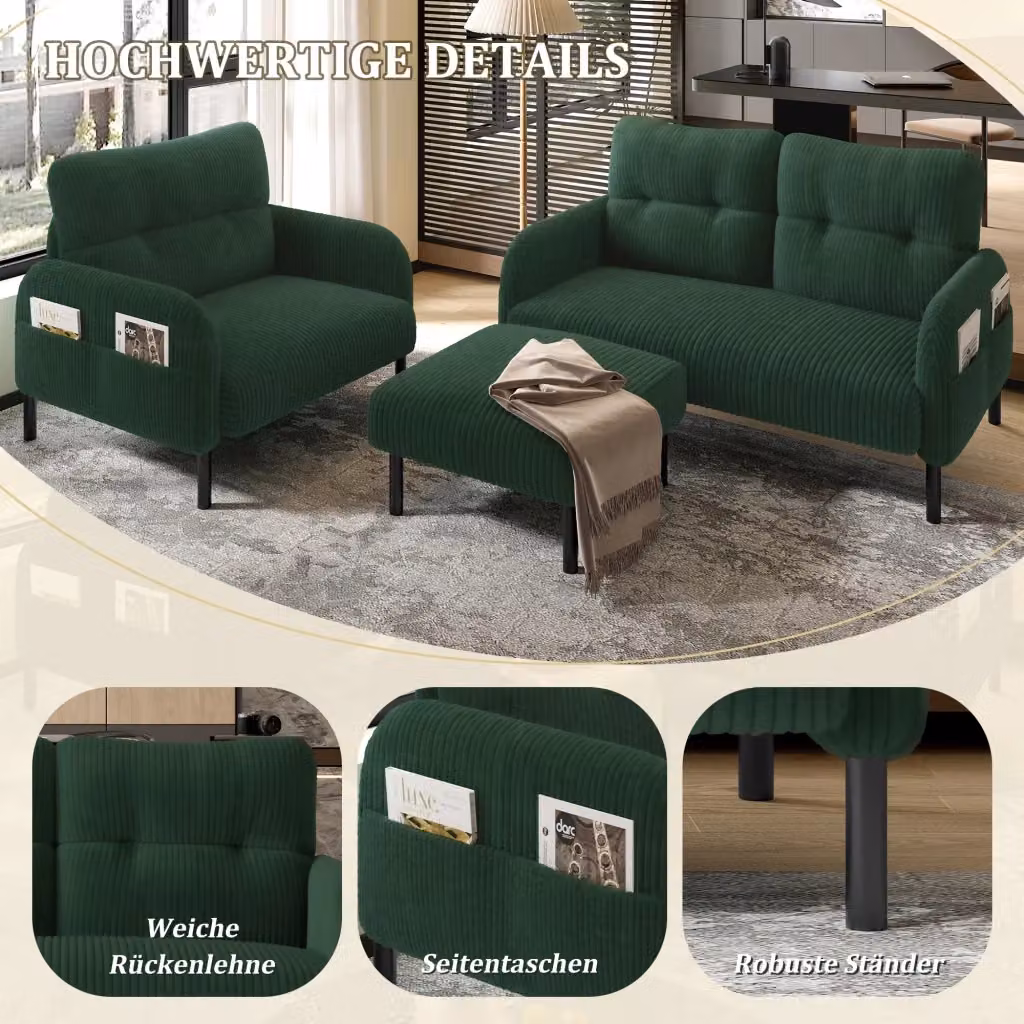 Set componibile OKWISH composto da divano due posti, poltrona e pouf in velluto a coste verde – 2