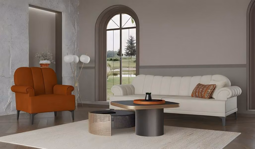 Couch Garnitur Dreisitzer Sessel Stoffsofa Sofa Weiß Polyester Orange