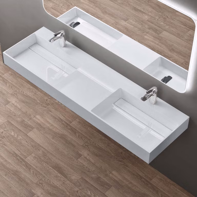 doporro Lavabo doppio Sospeso Lavabo da Appoggio Rettangolare in Marmo Resina Bianco Lucido, Vasca Doppia 160x48x13 cm con 2 Fori Rubinetto e Piletta Scarico, Colossum12