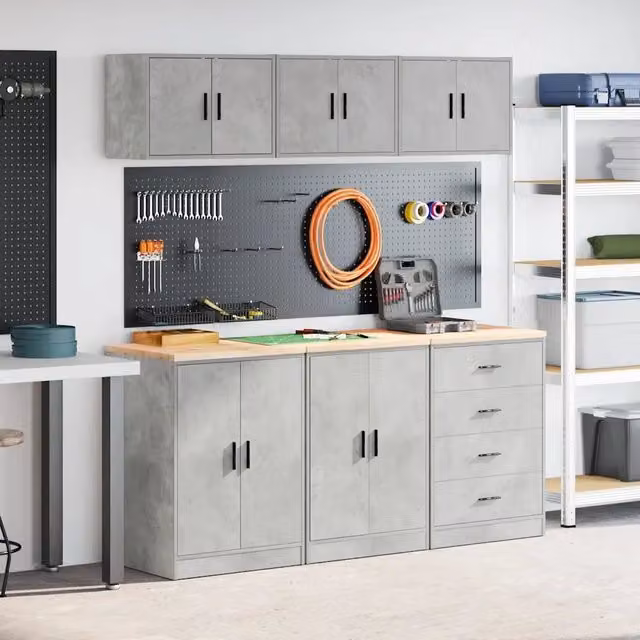 Set di 6 armadi da garage vidaXL in legno multistrato con ante, colore grigio cemento – 1