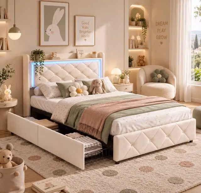 Letto Imbottito 90x200 cm con 2 Cassetti;Letto singolo con LED e USB Letto Baule con Contenitore; Sommier a Doghe;Letto per Adolescenti Velluto Beige