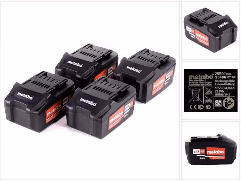 Set di batterie Metabo 4x batterie Li-Power 18 V 4,0 Ah CAS Li-Ion ( 4x 625591000 ) con indicatore del livello di carica