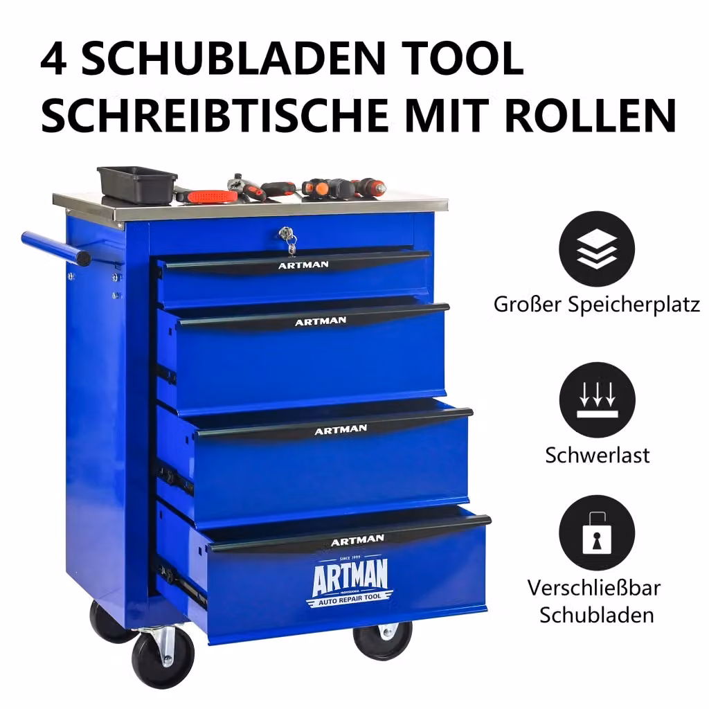 Carrello da officina multifunzionale Weimin in acciaio con 4 cassetti e ruote, colore blu – 2