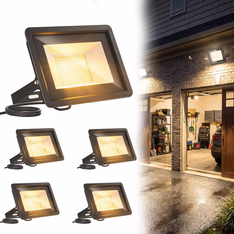 VA-Cerulean, 5 fari LED da 100W per esterni, luce bianco caldo, grado di protezione IP66 (impermeabile), supporto regolabile a 180°, proiettore esterno in alluminio per giardino e garage