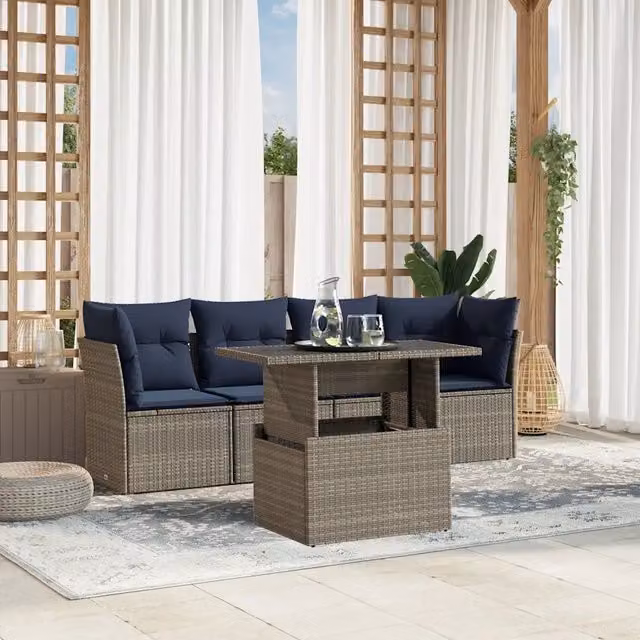 Set da giardino moderno vidaXL composto da 5 pezzi con divano a 3 posti, elementi angolari, tavolino da caffè e cuscini grigi in polyrattan e metallo – 1