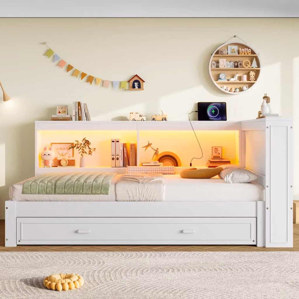 Letto da giorno moderno con letto estraibile, illuminazione LED e porte di ricarica USB e Type-C, colore bianco, L/P/H: 200 x 90 x 115 cm – 2