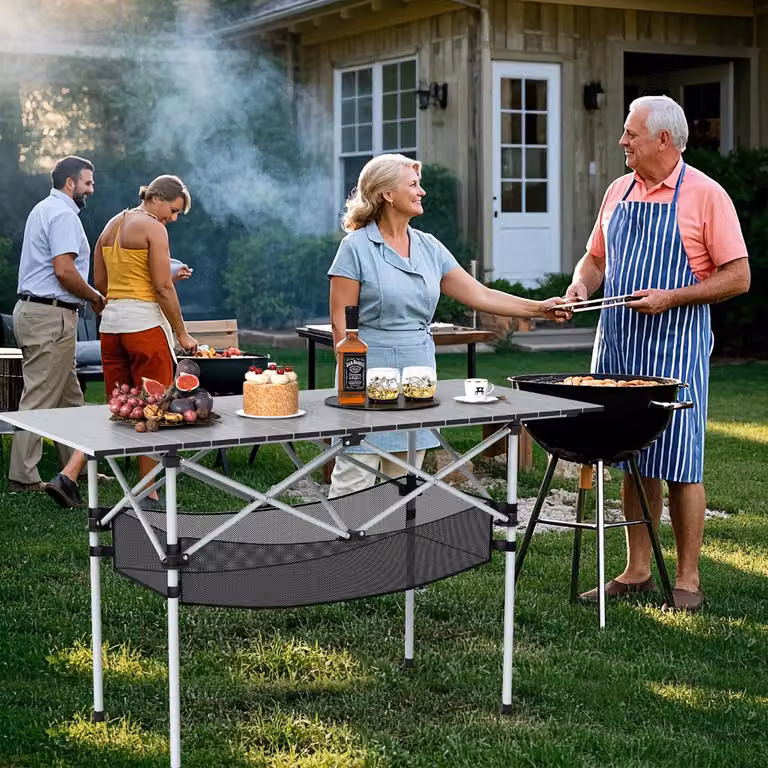 Tavolo da picnic portatile pieghevole Costway con piano in alluminio arrotolabile e cestello in rete, Argento
