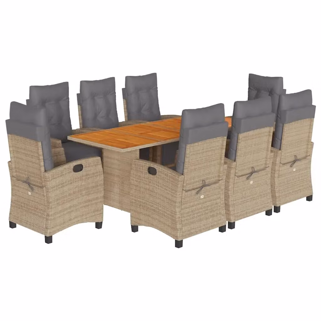 Set da pranzo da giardino vidaXL in polyrattan e legno di acacia con 9 sedute e cuscini beige e grigi – 2