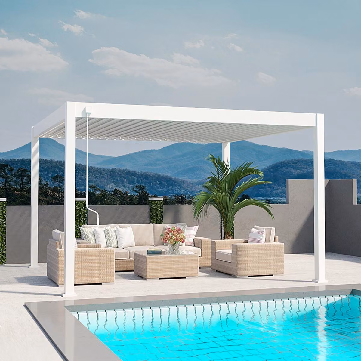 Pergola Weide Deluxe, interamente in alluminio, dimensioni 3,6x4 metri, con tetto a lamelle, autoportante, colore bianco