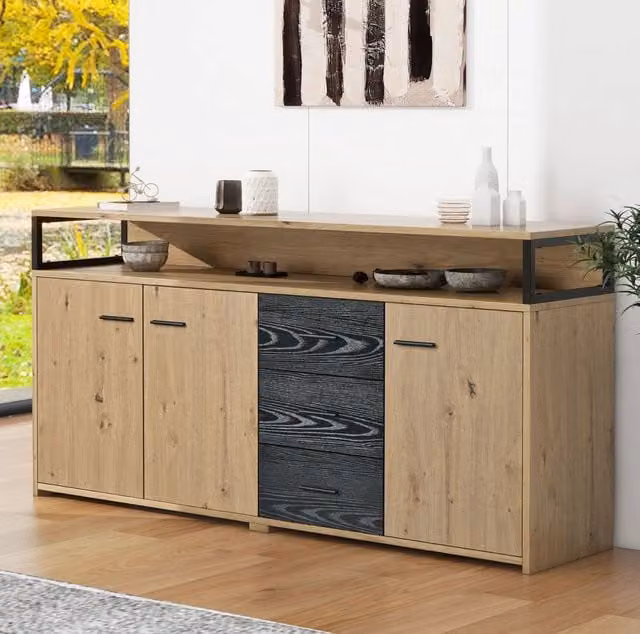 Credenza 150x35x75,9 cm nero marrone in pannello truciolare, 3 ante e 3 cassetti