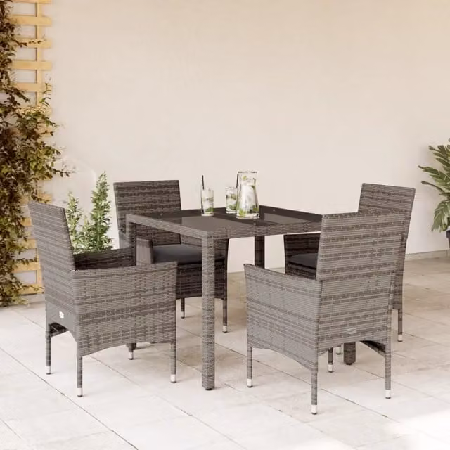Set da Pranzo da Giardino 5 pz con Cuscini Polyrattan e Vetro 3278556