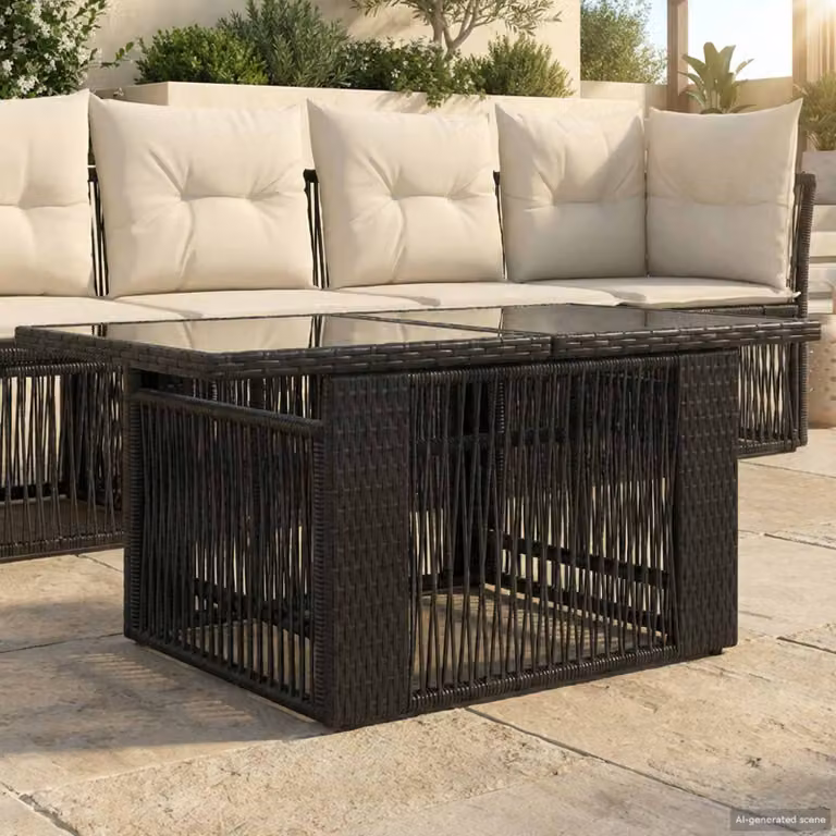 vidaXL Tavolo da giardino rettangolare moderno in acciaio nero con piano in vetro, regolabile in altezza, L 100 x P 55 x H 37 cm