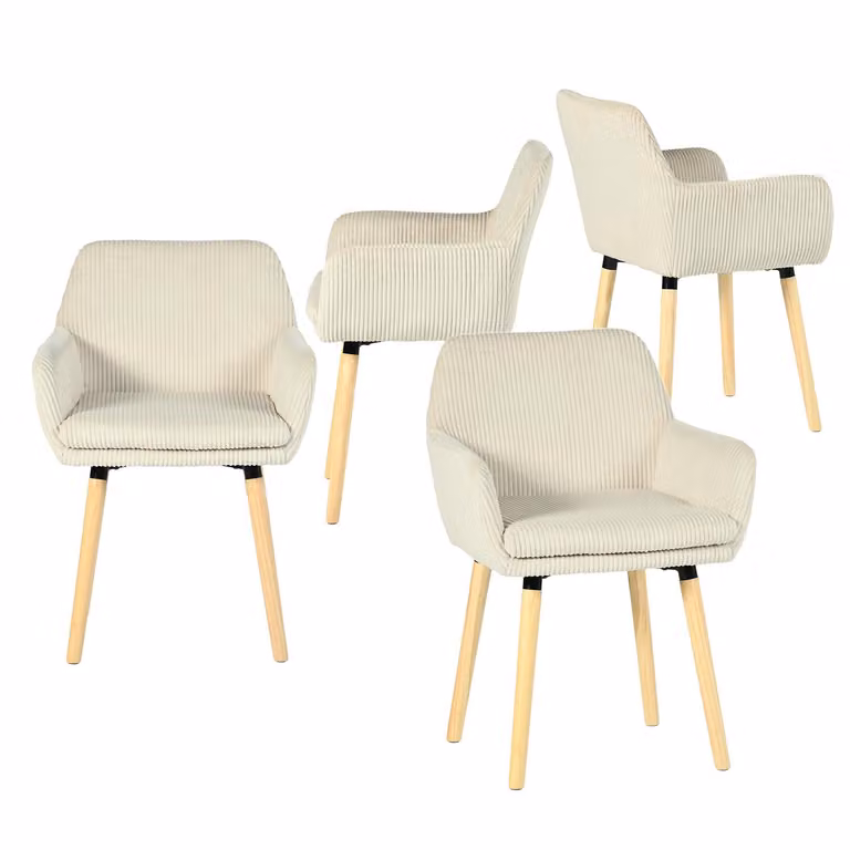Meubles Cosy - Set di 4 sedie da pranzo in stile scandinavo con gambe in legno e braccioli in velluto beige – ELIA