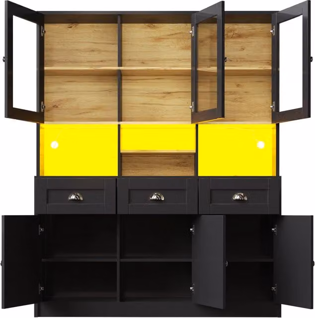 Hochschrank 140×40×175 cm mit verstellbaren Ablagen, LED-Beleuchtung in Weiß/Schwarz