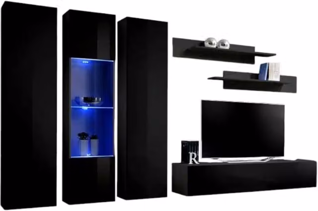 Composizione murale FLY C5 Meublorama Nero lucido – Mobile TV sospeso con colonne vetrate LED e mensole in MDF per il tuo soggiorno moderno – 1