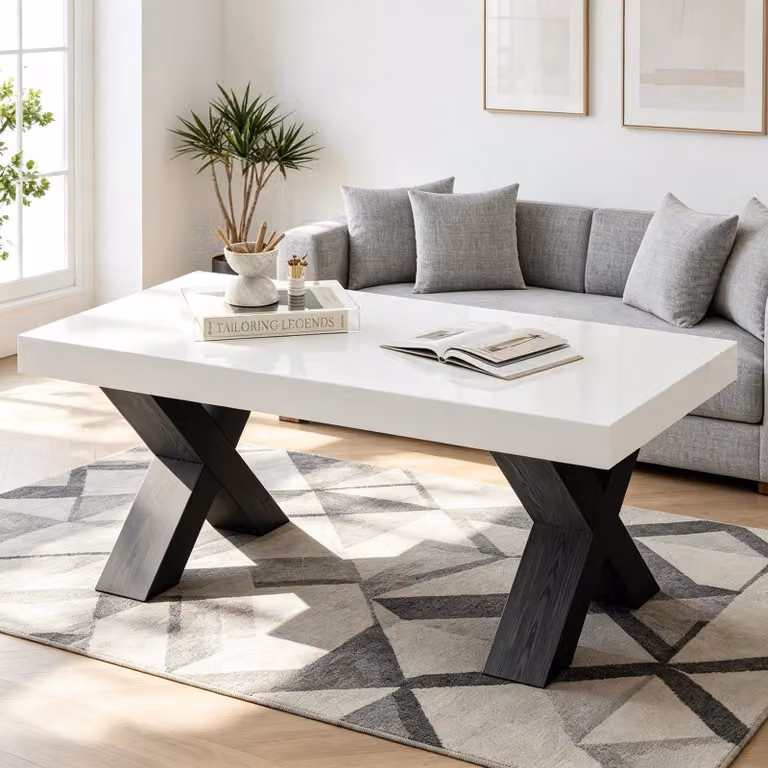 Tavolino Merax con gambe a forma di X, tavolino da caffè moderno con piano lucido, tavolino laterale per divano, ideale per il soggiorno, disponibile nei colori bianco e nero