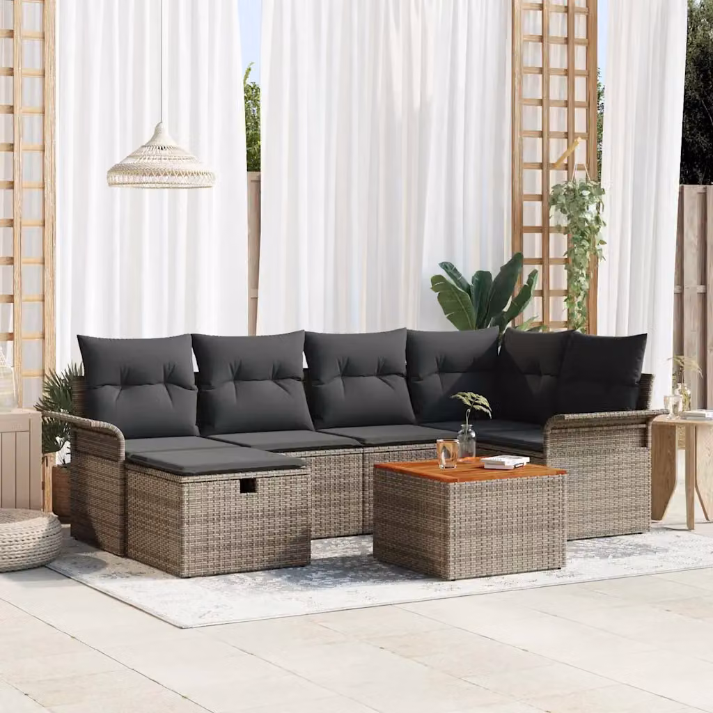 Set Divano da Giardino vidaXL 7 pz a Forma a L con Cuscini Grigio in Poly Rattan e Acciaio – 1