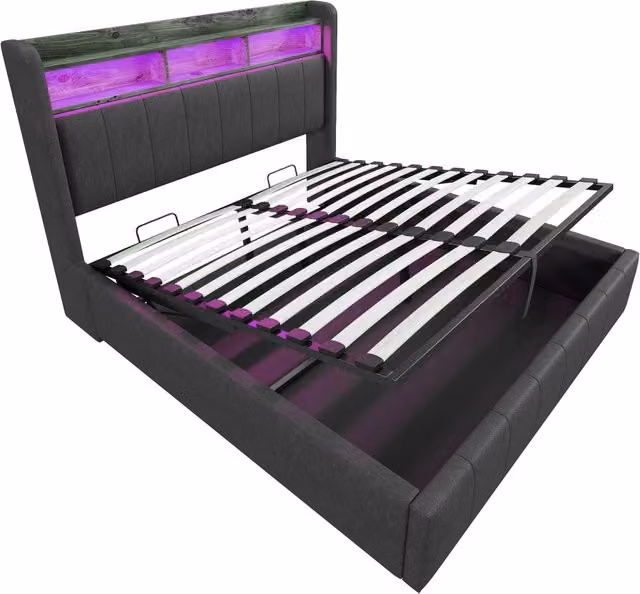 Letto contenitore matrimoniale Chicfurn in lino grigio con illuminazione LED, porte USB e Type-C e ripiani integrati, L/P: 160 x 200 cm