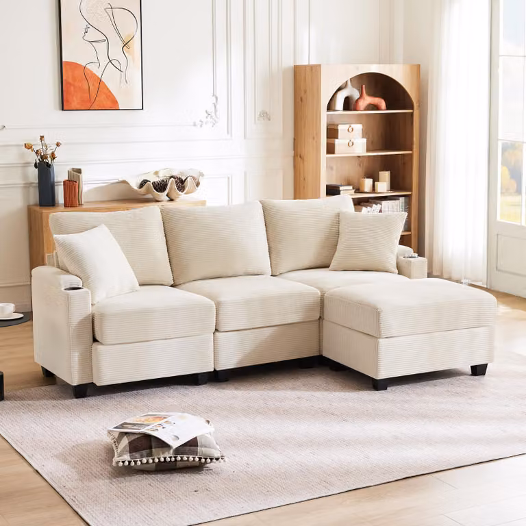 Divano angolare Merax, con funzione sleep, divano a 3 posti a L con poggiapiedi, portabicchieri, USB, Tipo C, bracciolo portaoggetti, divano, divano letto, velluto a coste, beige