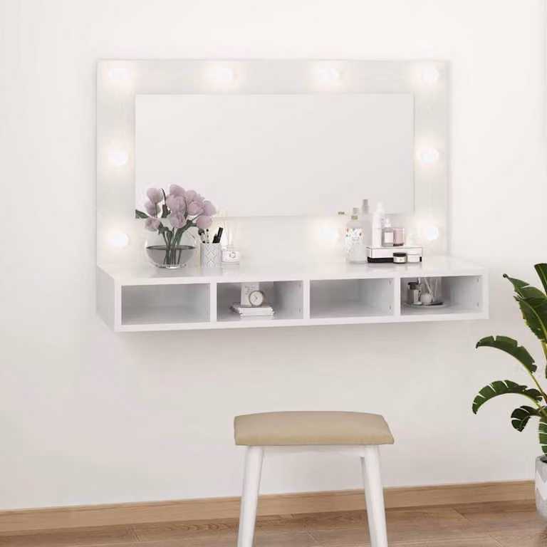 Armadietto da bagno con specchio e illuminazione LED vidaXL, Bianco lucido, L: 90 cm, P: 31,5 cm, H: 62 cm