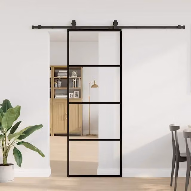 Porta Scorrevole Moderna vidaXL in Vetro Trasparente con Telaio in Alluminio Nero L: 76 cm, H: 205 cm – 1