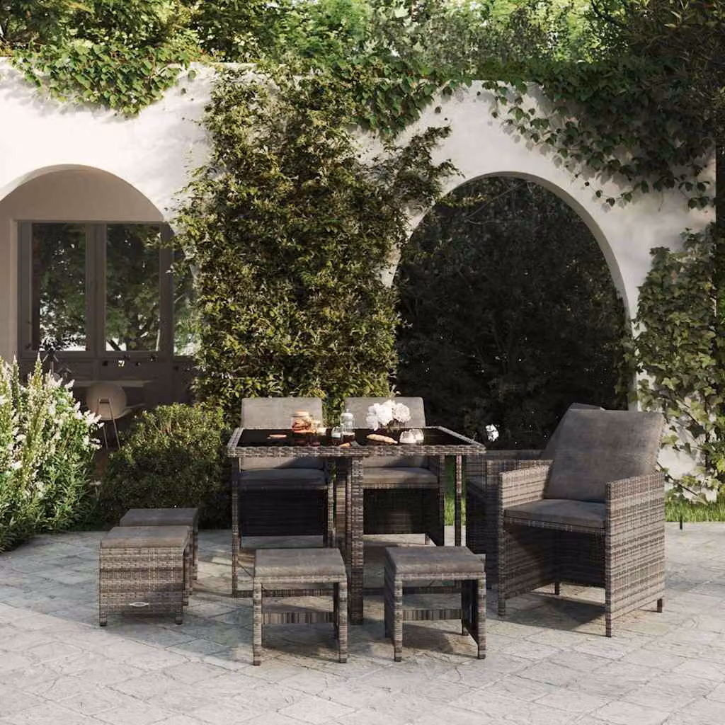 vidaXL Set Pranzo da Giardino 9 pz in Polyrattan e Vetro Grigio con Cuscini