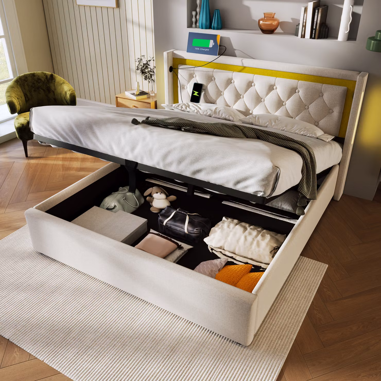 Letto imbottito Sweiko LED letto matrimoniale contenitore rete con funzione di ricarica USB tipo C testata, letto giovanile aumwolle 140x200 con rete a doghe (senza materasso)