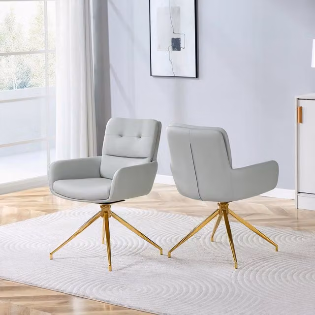 [Set da 2 pezzi] Sedia girevole di lusso leggera in stile europeo: rivestimento in PU grigio caldo + gambe in metallo color oro, girevole a 360¡ã, set