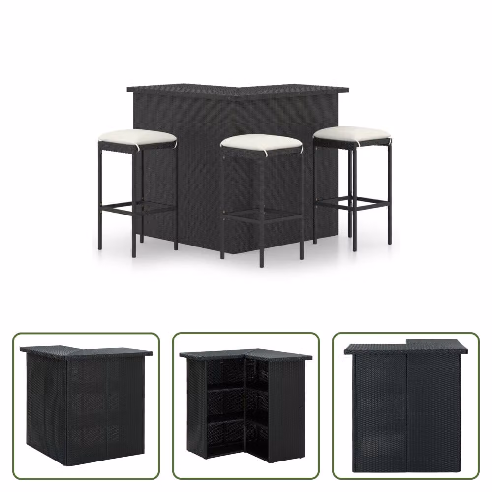 The Living Store Set bar da giardino 4 pezzi con cuscini in poly rattan nero