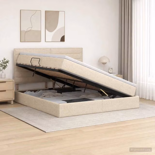 Letto con contenitore moderno vidaXL in tessuto beige con base a sollevamento L/P/H: 140 x 200 x 128 cm