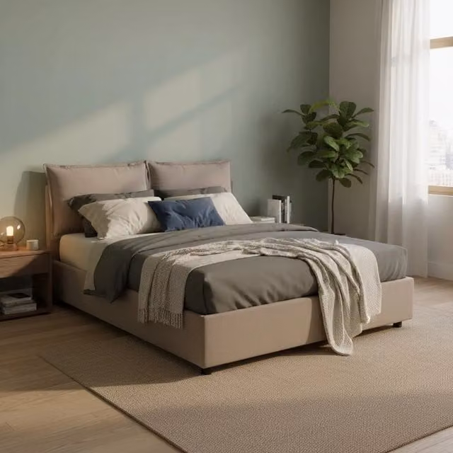 Letto matrimoniale contenitore Askari di Talamo Italia con rivestimento in tessuto, colore beige, adatto per materasso 140x190 cm – 1